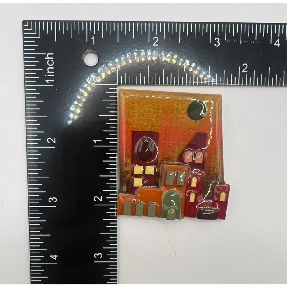 Lucinda House Pin Brooch Town Scene Resin Pueblo Casas Vintage Cityscape Artisan